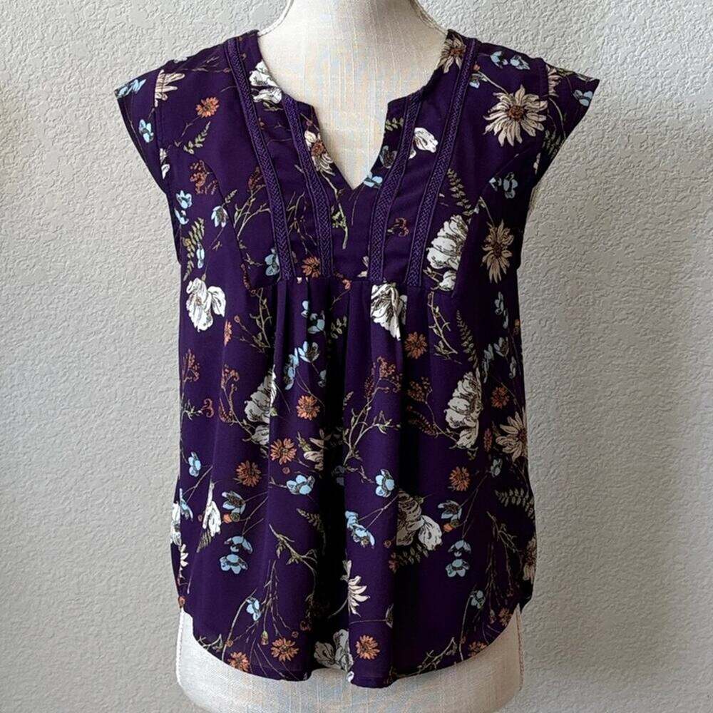 Collective Concepts Floral Purple Women's Pleated Sleeveless Top Size SP Spring